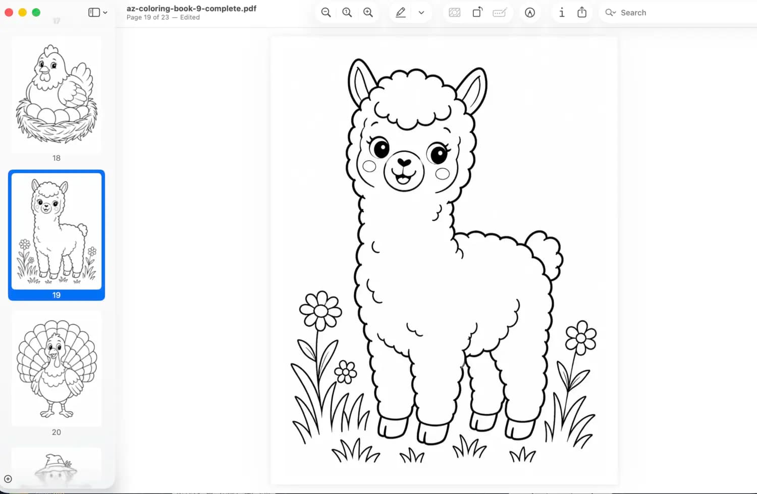ไฟล์ PDF สมุดระบายสีที่ส่งออกจาก AZ Coloring Book แสดงภาพลามะและหน้าต่างๆ ในเล่ม